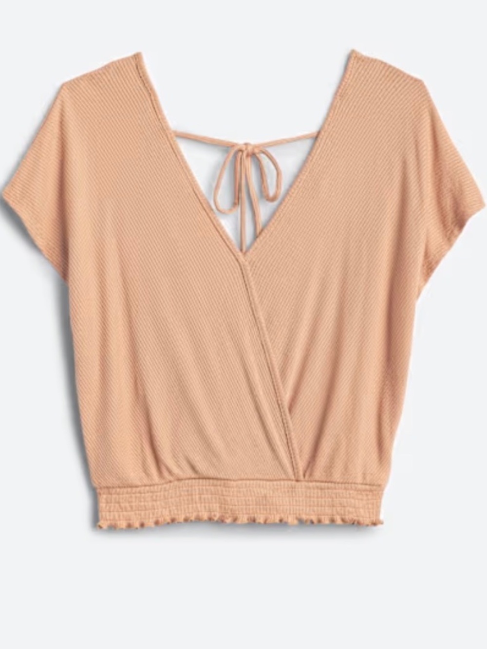 Pinque Tan Ribbed Short-Sleeve Top with Back Tie Detail